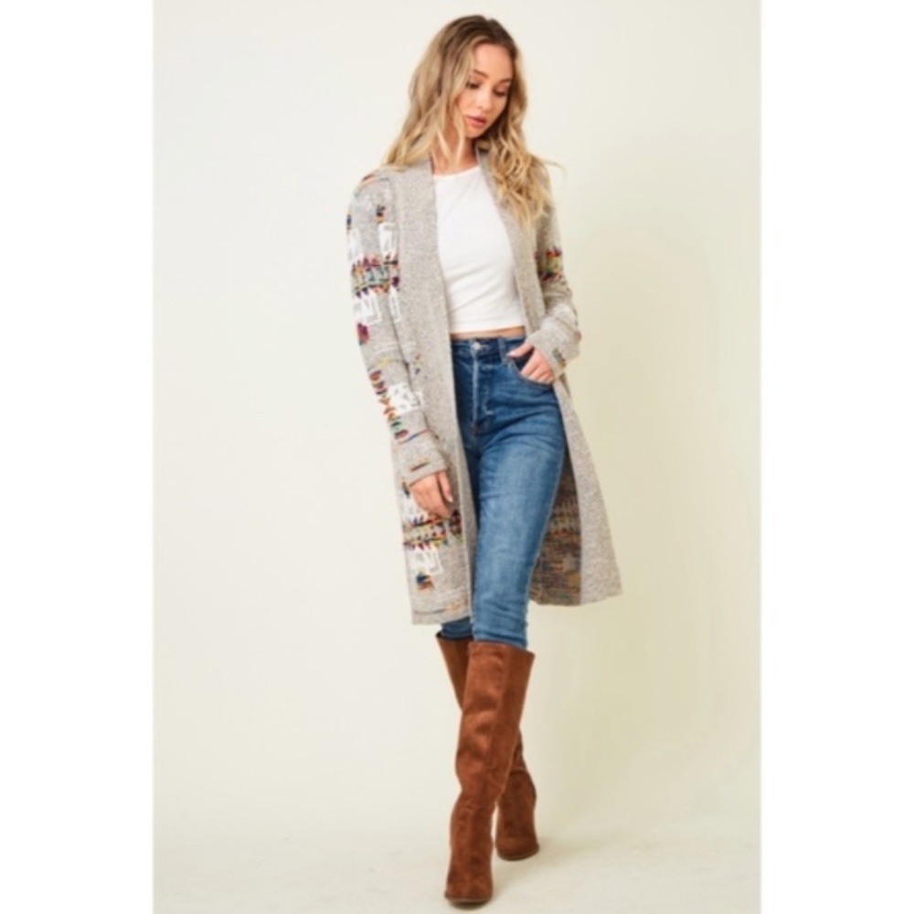 SOLD OUT Oatmeal Rainbow Multi Colored Aztec Tribal Jacquard Open Knit Cardigan - Picture 2 of 10